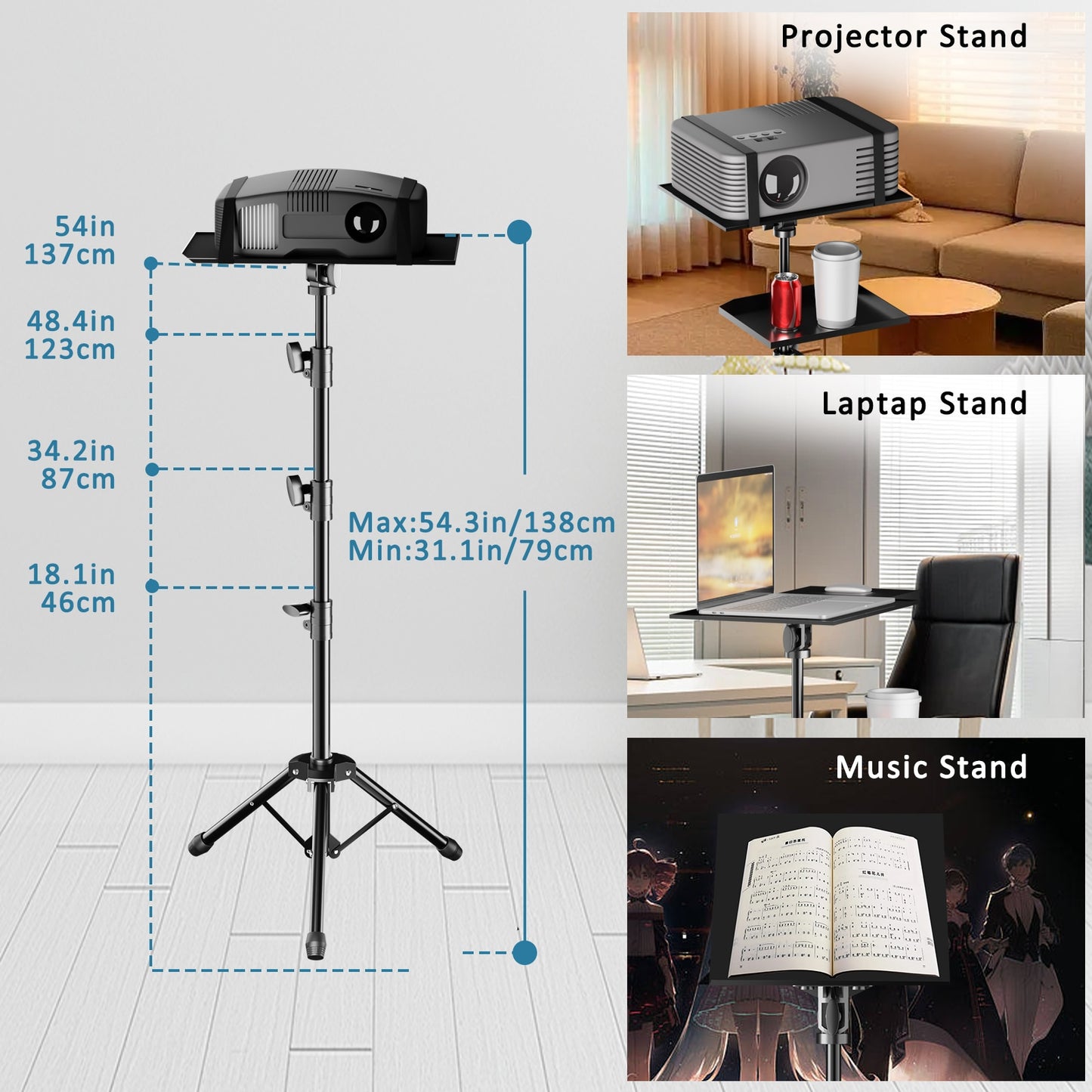 SH 90/125/145CM Projector Tripod Stand With Trays Laptop Tripod, Portable Projector Floor Stand Adjustable Height With Hose Clip