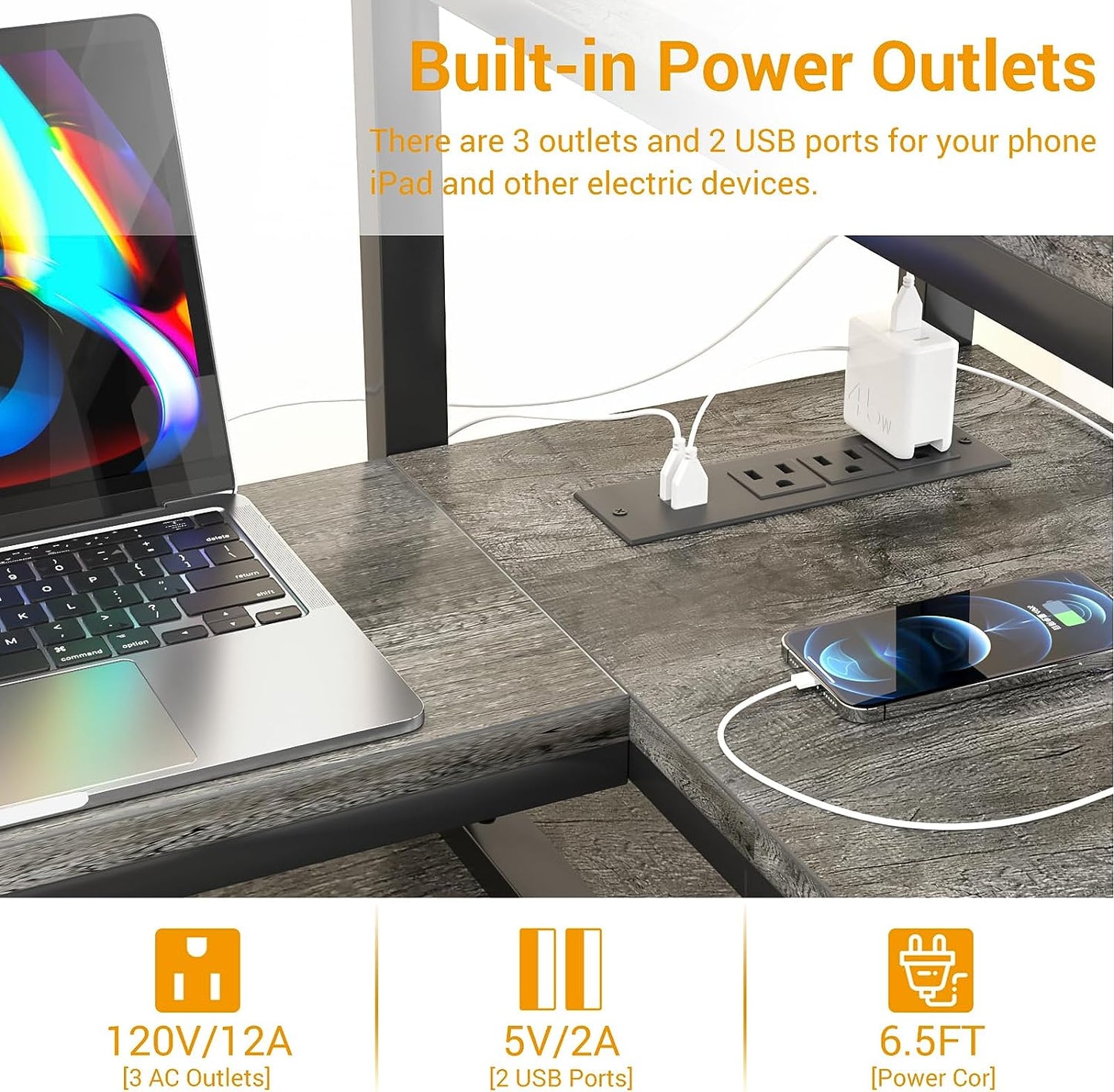 Gaming Desk 47" Computer Desk with Reversible Storage Shelves Home Office Desk with Power Outlets RGB Led Lights for Gaming