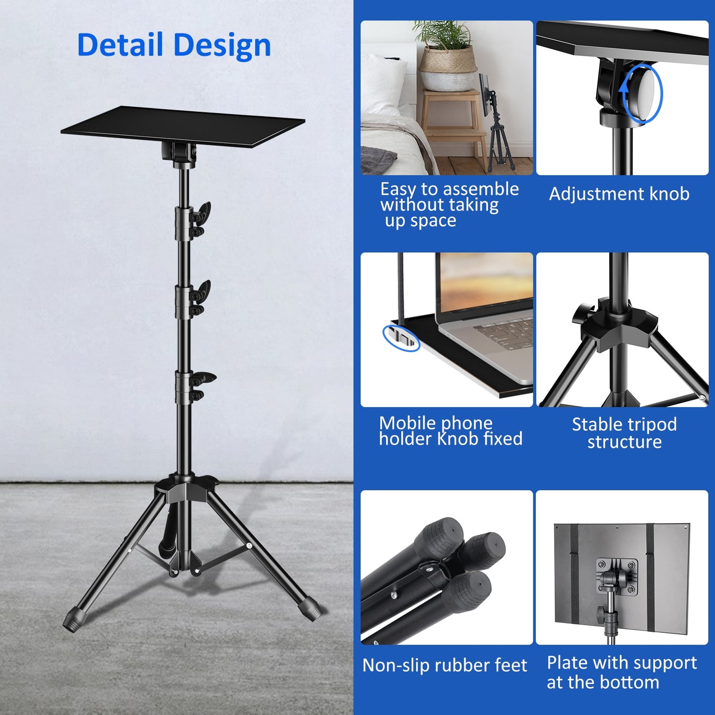 SH 90/125/145CM Projector Tripod Stand With Trays Laptop Tripod, Portable Projector Floor Stand Adjustable Height With Hose Clip
