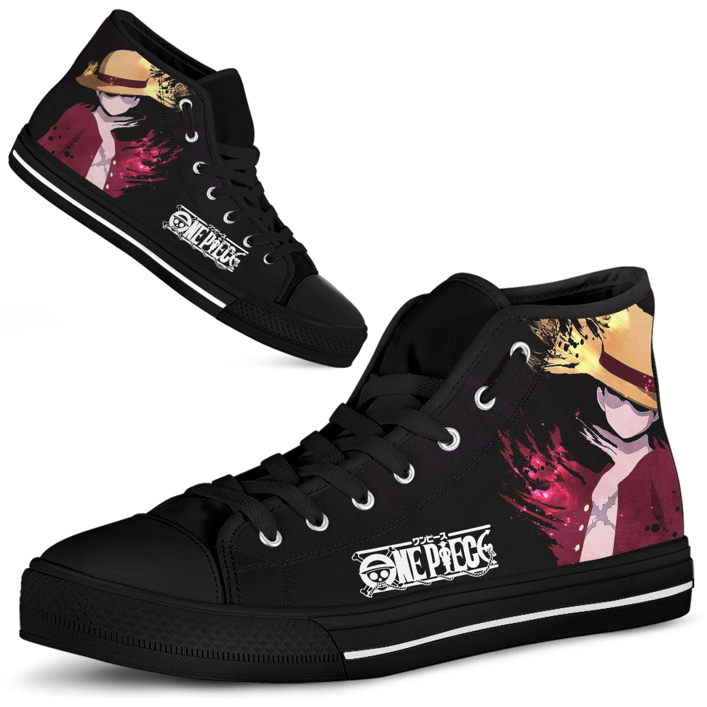ELVISWORDS Men's Sports Sneakers One Piece Design Black Lace Up Canvas Shoes Japanese Anime Shoes One Piece Lovers Gift Zapatos