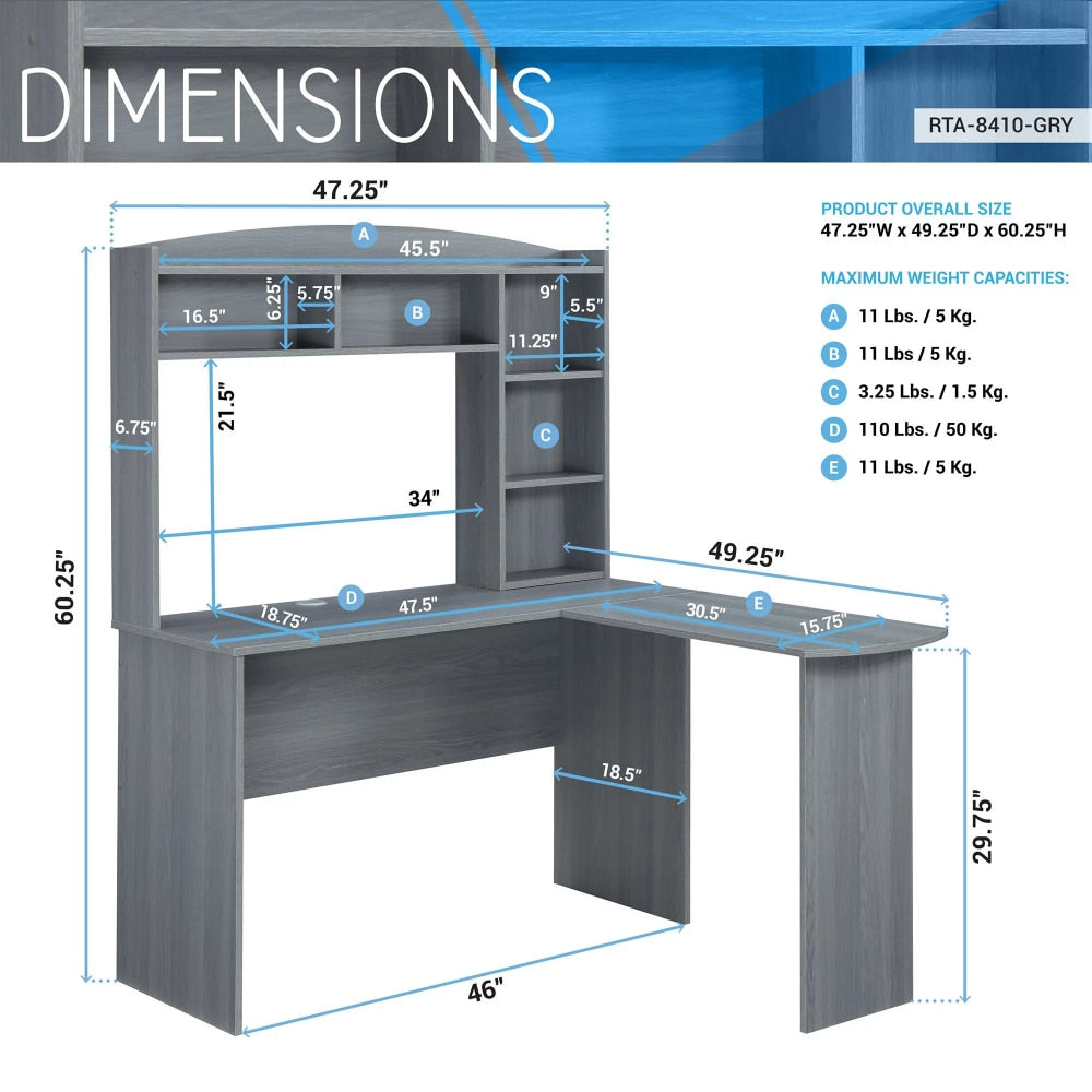 Modern L-Shaped Desk with Hutch, Grey desk
