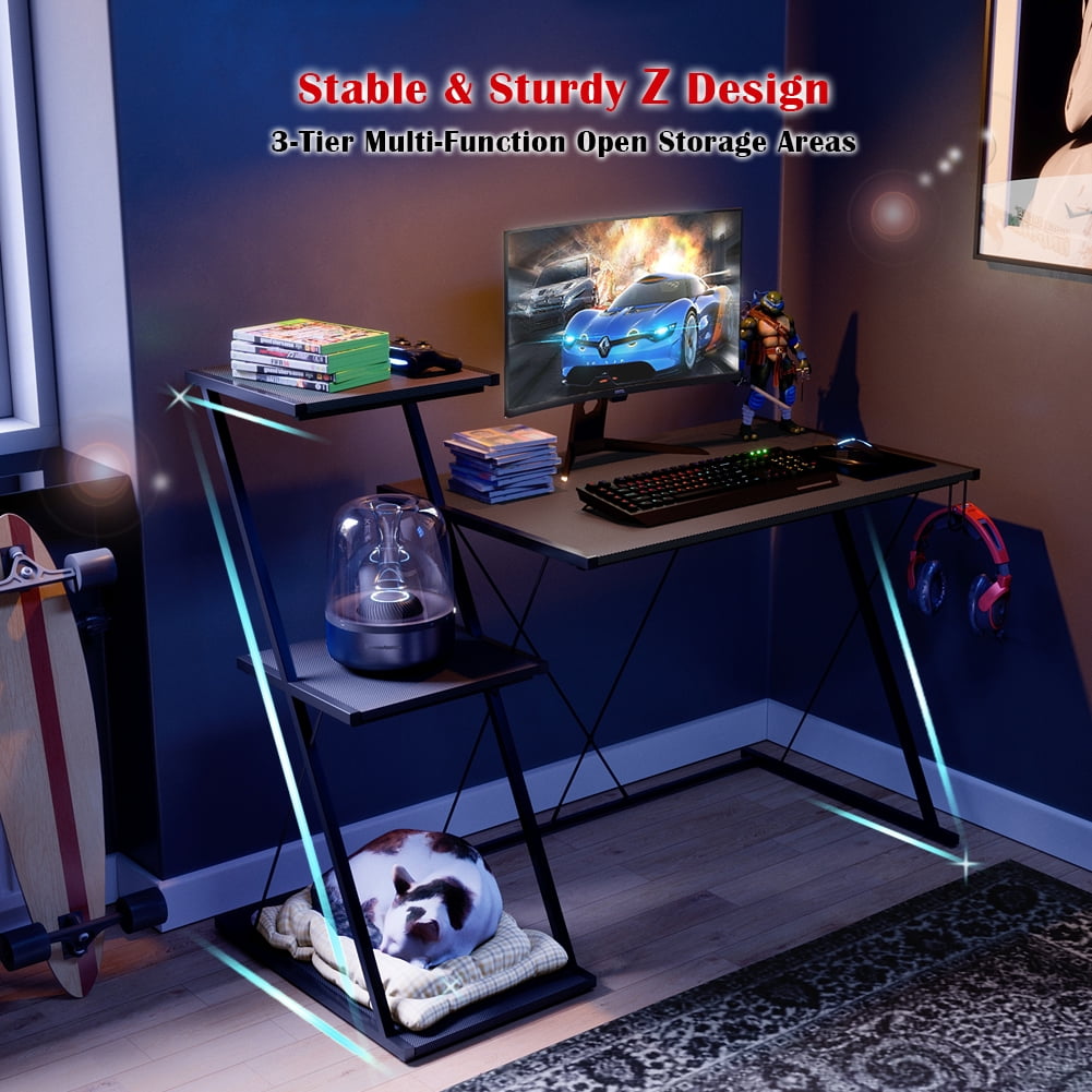 Bestier 51'' Gaming Desk with 3-Tier Open Shelf Come with Headset Hook