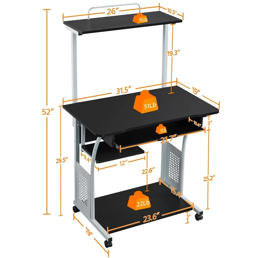 Metal Portable Computer Desk with 4 Storage Shelves and Keyboard Tray, Black/Gray