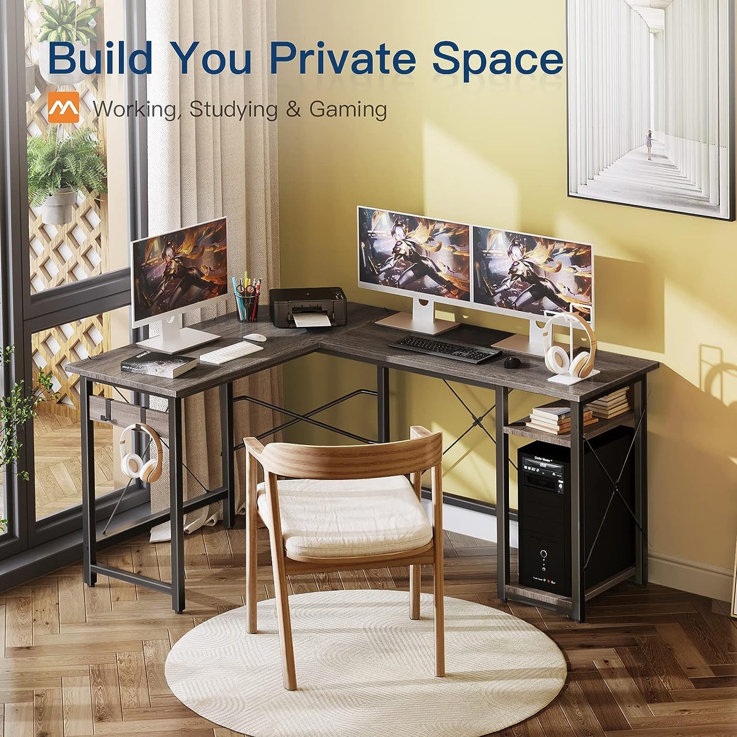 L Shaped Computer Desk 59" with Storage Shelves