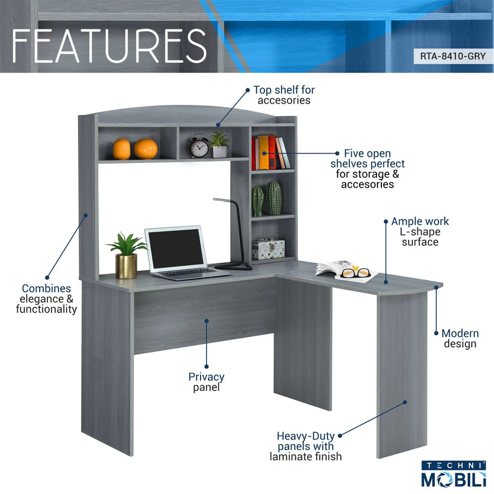 Modern L-Shaped Desk with Hutch, Grey desk