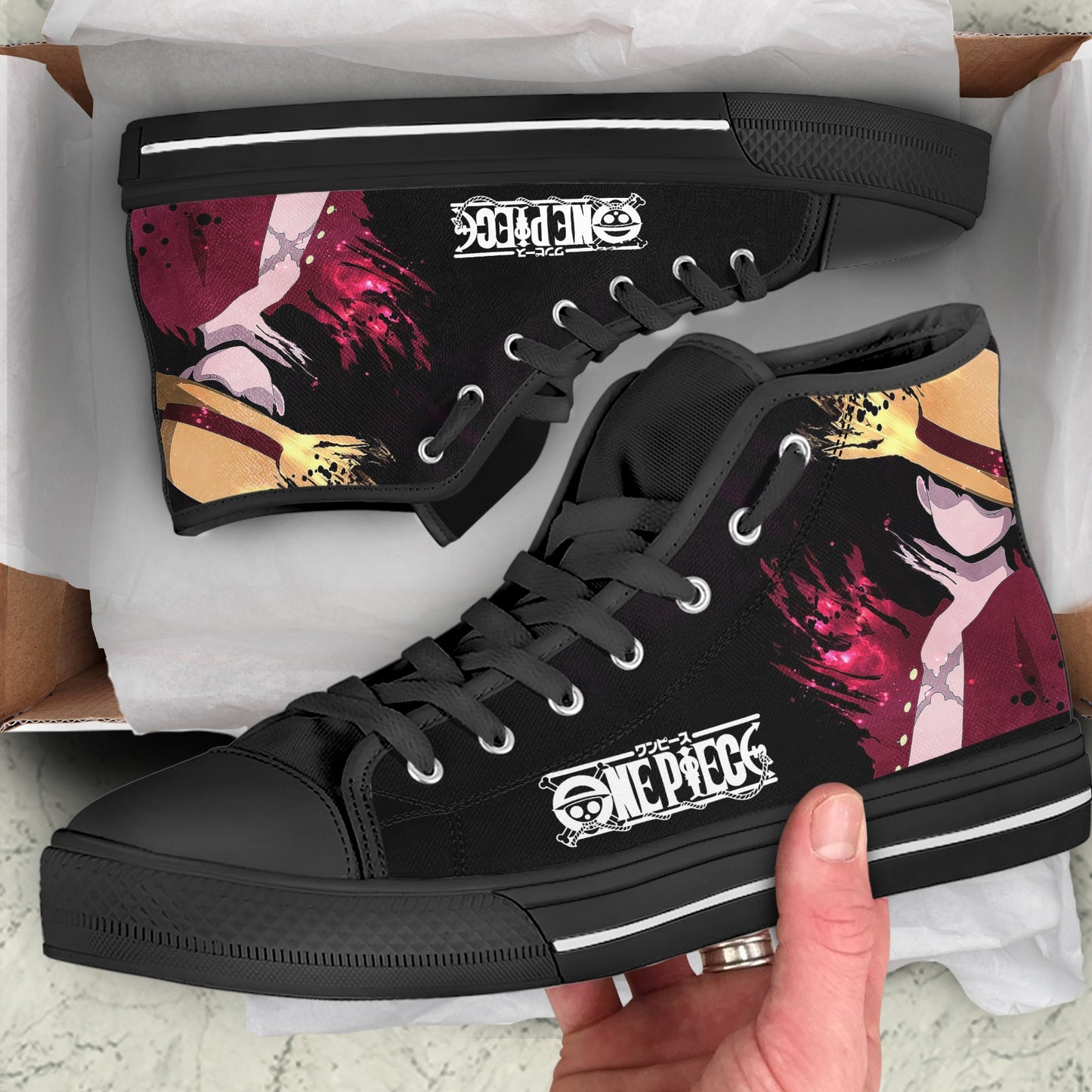 ELVISWORDS Men's Sports Sneakers One Piece Design Black Lace Up Canvas Shoes Japanese Anime Shoes One Piece Lovers Gift Zapatos