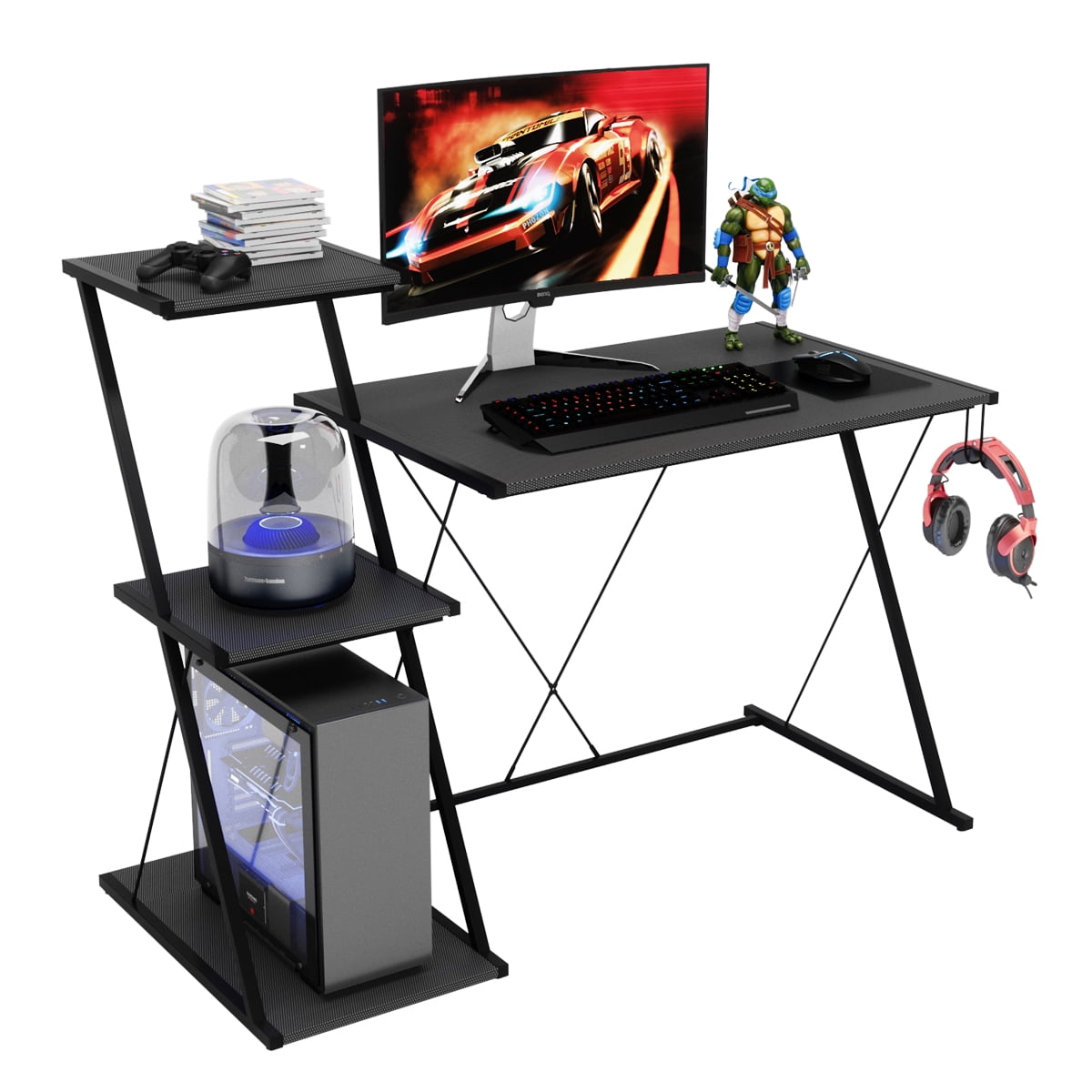 Bestier 51'' Gaming Desk with 3-Tier Open Shelf Come with Headset Hook