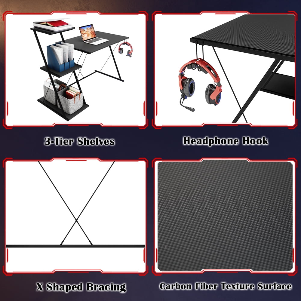 Bestier 51'' Gaming Desk with 3-Tier Open Shelf Come with Headset Hook
