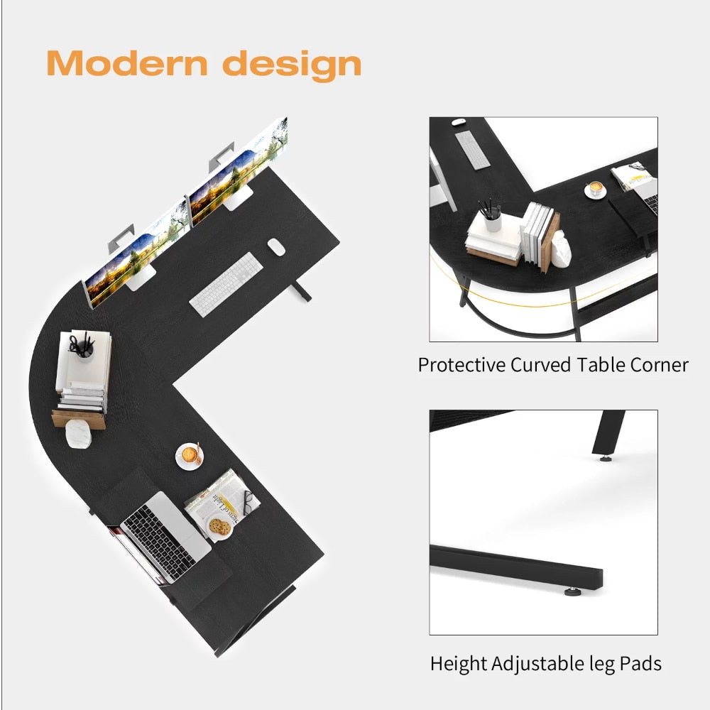L-Shaped Computer Desk Modern Corner Desk Home Office Writing Sturdy Workstation with Movable Table, Black Desk Table Office
