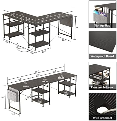 Shaped Desk Corner Desk,95 Inch Reversible Home Office Desk with Storage Shelves, Large Computer Gaming Desk with Power Outlet,