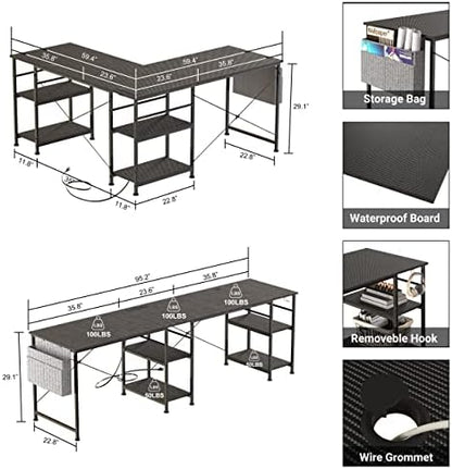 Shaped Desk Corner Desk,95 Inch Reversible Home Office Desk with Storage Shelves, Large Computer Gaming Desk with Power Outlet,