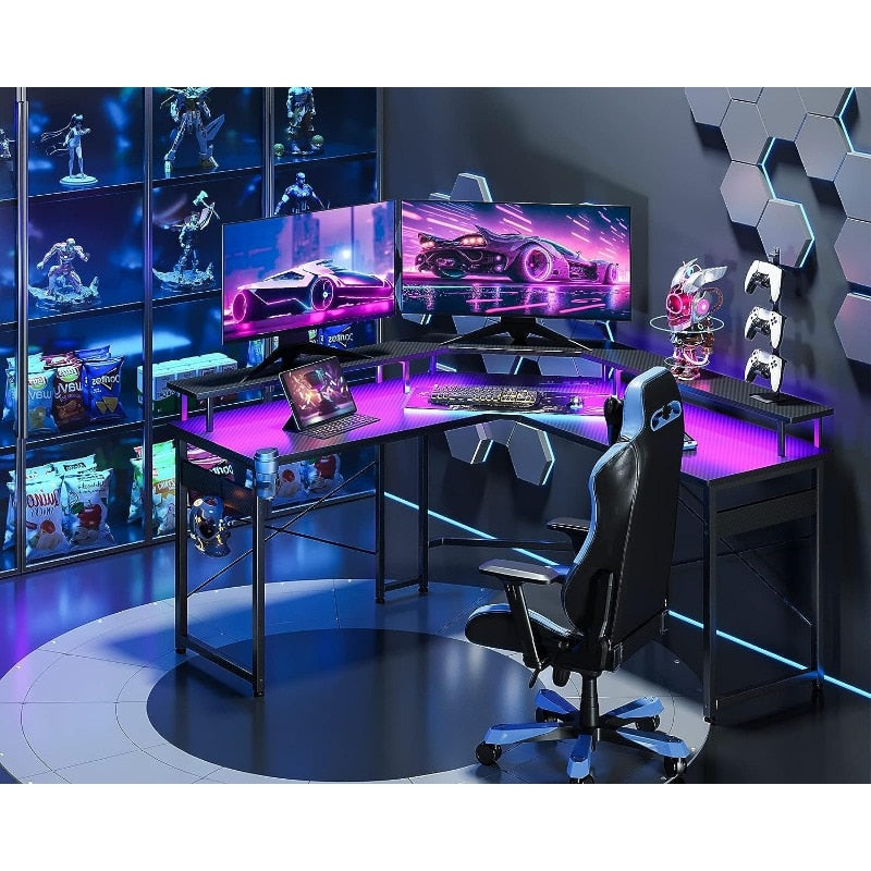 L Shaped Gaming Desk with LED Lights & Power Outlets, 51" Computer Desk with Full Monitor Stand, Black Carbon Fiber