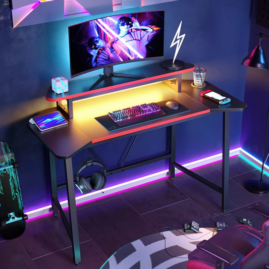 Gaming Desk with LED Lights & Monitor Stand