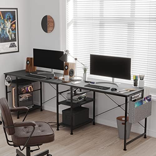 Shaped Desk Corner Desk,95 Inch Reversible Home Office Desk with Storage Shelves, Large Computer Gaming Desk with Power Outlet,