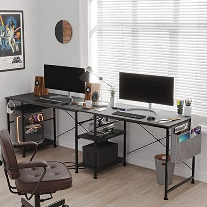 Shaped Desk Corner Desk,95 Inch Reversible Home Office Desk with Storage Shelves, Large Computer Gaming Desk with Power Outlet,