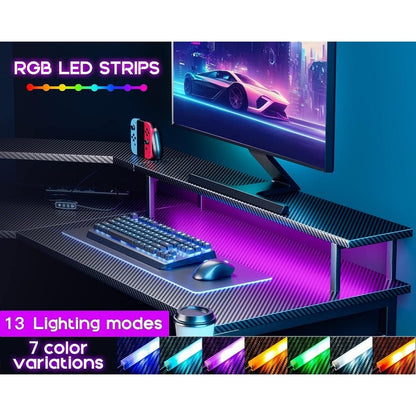 L Shaped Gaming Desk with LED Lights & Power Outlets, 51" Computer Desk with Full Monitor Stand, Black Carbon Fiber