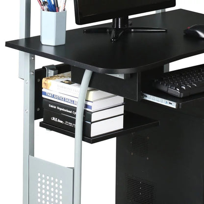 Metal Portable Computer Desk with 4 Storage Shelves and Keyboard Tray, Black/Gray