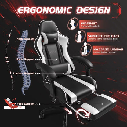 Lacoo PU Leather Gaming Chair Massage Ergonomic Gamer Chair Height Adjustable Computer Chair with Footrest & Lumbar Support