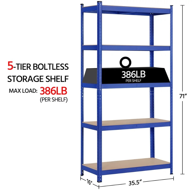 Smile Mart 5-Shelf Boltless & Adjustable Steel Storage Shelf Unit, Blue, Holds Up To 386 Lb Per Shelf L 35.5 X W 16 X H 71’’