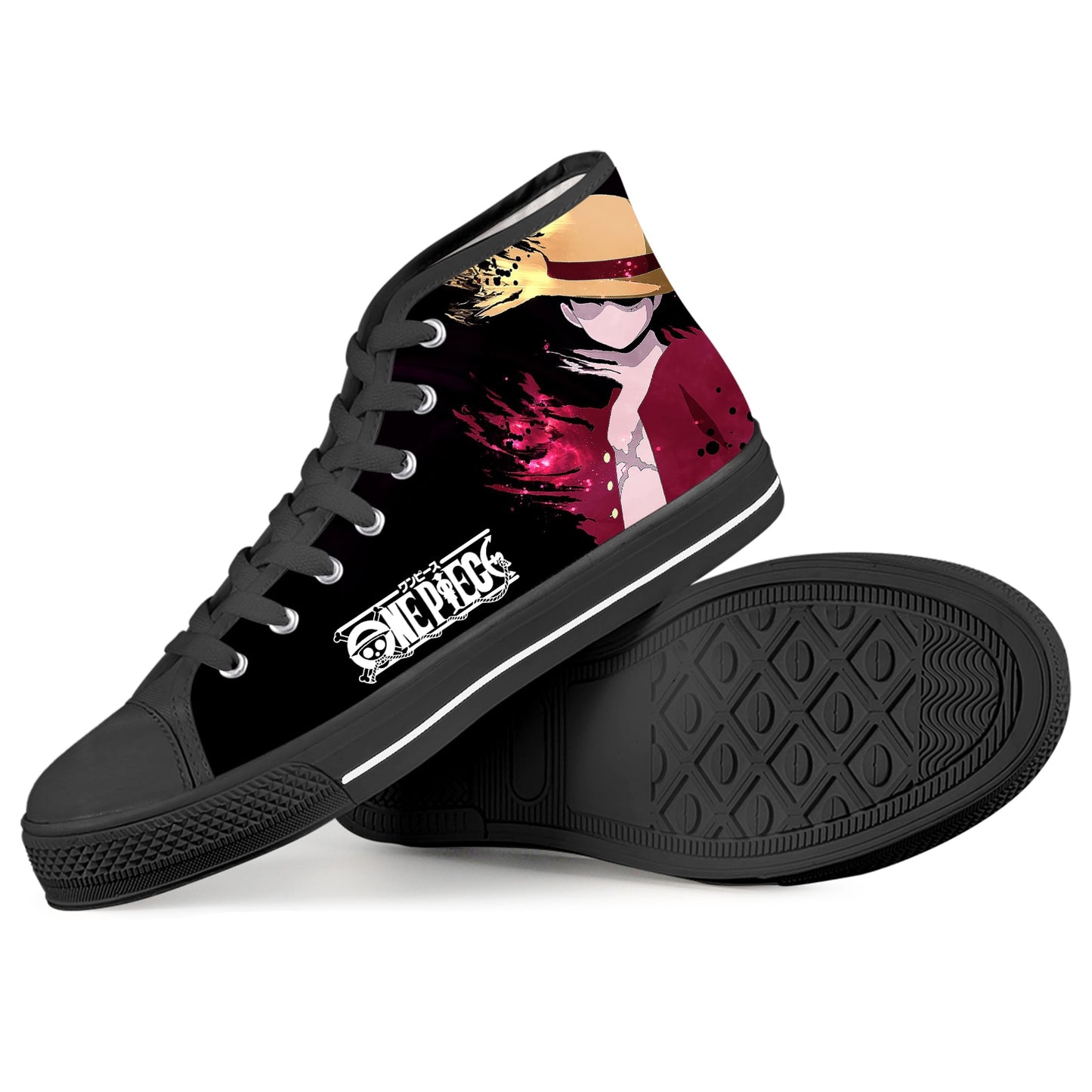 ELVISWORDS Men's Sports Sneakers One Piece Design Black Lace Up Canvas Shoes Japanese Anime Shoes One Piece Lovers Gift Zapatos