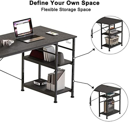 Shaped Desk Corner Desk,95 Inch Reversible Home Office Desk with Storage Shelves, Large Computer Gaming Desk with Power Outlet,