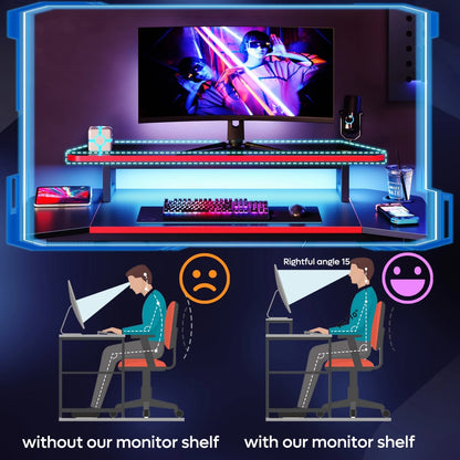 Gaming Desk with LED Lights & Monitor Stand