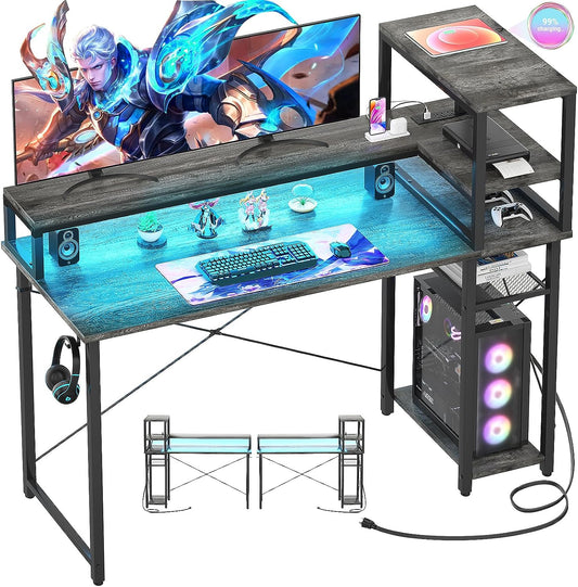 Gaming Desk 47" Computer Desk with Reversible Storage Shelves Home Office Desk with Power Outlets RGB Led Lights for Gaming