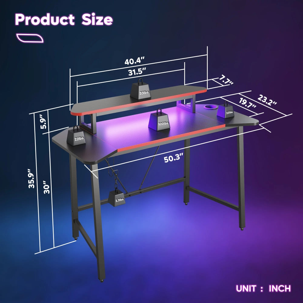 Gaming Desk with LED Lights & Monitor Stand