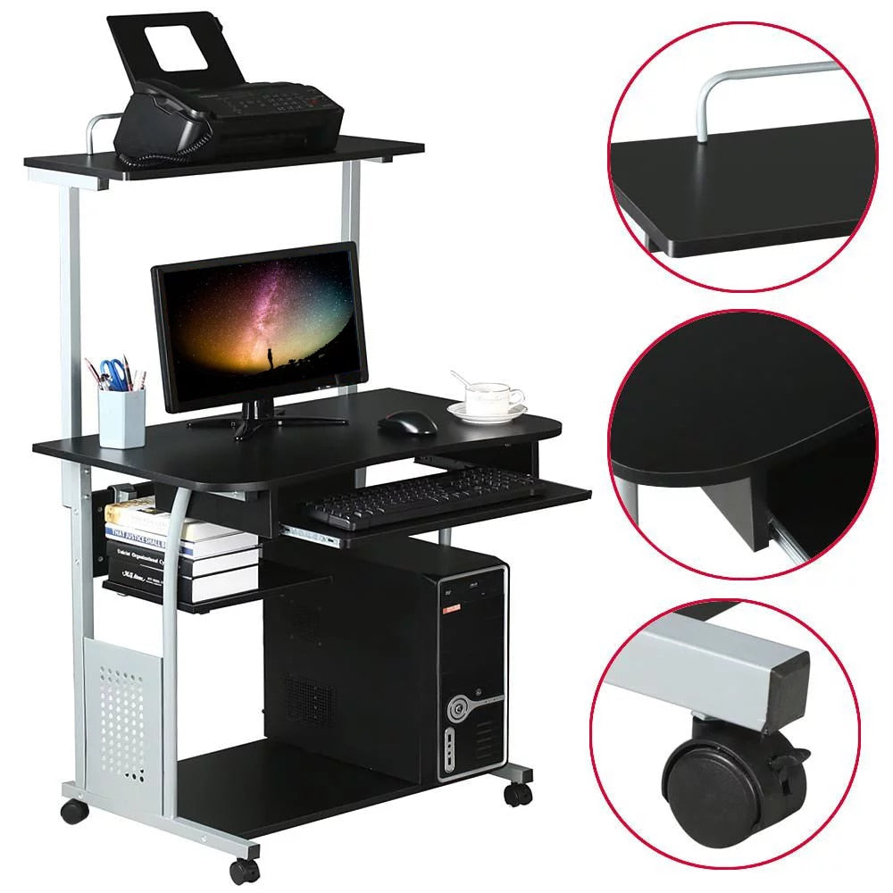 Metal Portable Computer Desk with 4 Storage Shelves and Keyboard Tray, Black/Gray