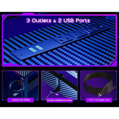 L Shaped Gaming Desk with LED Lights & Power Outlets, 51" Computer Desk with Full Monitor Stand, Black Carbon Fiber
