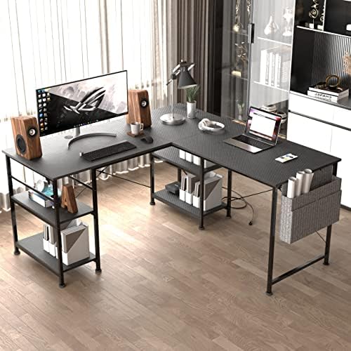 Shaped Desk Corner Desk,95 Inch Reversible Home Office Desk with Storage Shelves, Large Computer Gaming Desk with Power Outlet,
