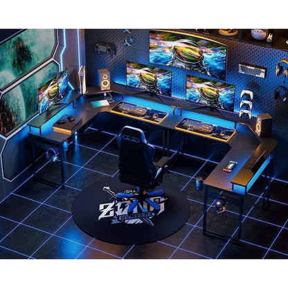 L Shaped Gaming Desk with LED Lights & Power Outlets, 51" Computer Desk with Full Monitor Stand, Black Carbon Fiber