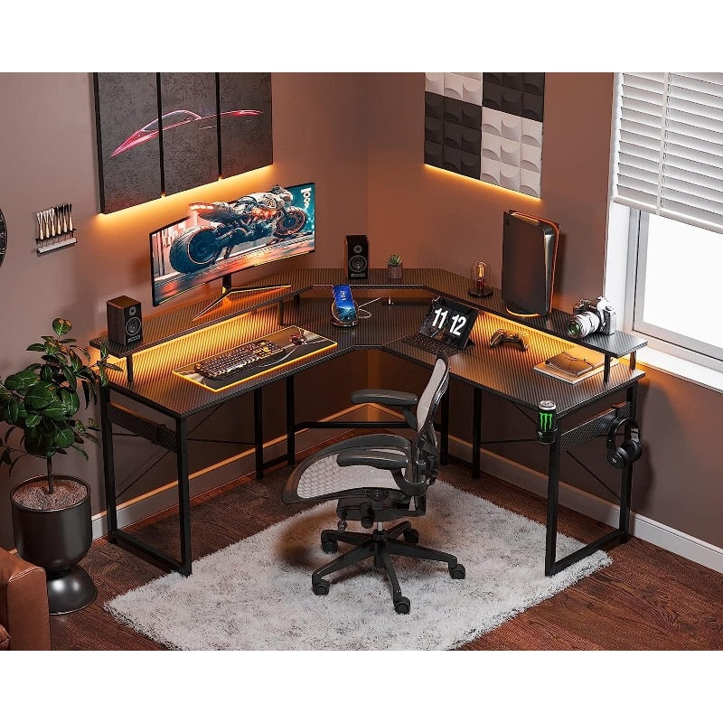 L Shaped Gaming Desk with LED Lights & Power Outlets, 51" Computer Desk with Full Monitor Stand, Black Carbon Fiber